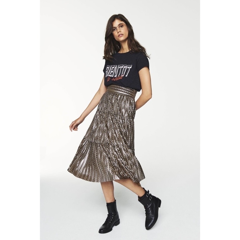 BA&SH Pleated Jupe Poly Midi Skirt Chevron Stripe Foil Metallic Tiered Size 6